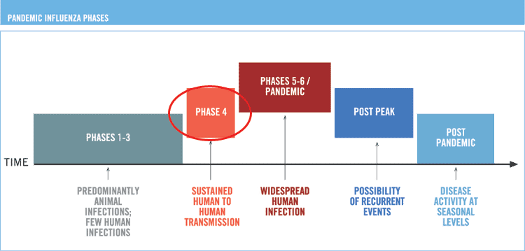 World Health Organization has raised the level of influenza pandemic alert from the current phase 3 to phase 4